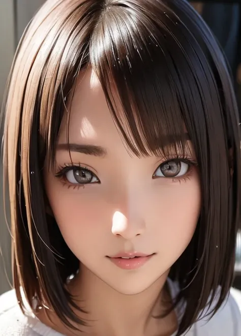  very detailed,  photo-like portrait of a young woman in her 20s 。face:
Inverted triangle outline、Sharp jaw:1.8、 thin eyebrows、知的なface立ち
大きな目と高い鼻
目:
 brown eyes、 hairstyle with delicate highlights and gently shining eyes:
medium length、 bangs cut at an ang...