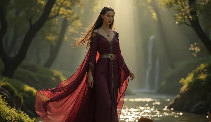 Create an ultra-realistic full-body image of Arwen from The Lord of the Rings, embodying her beauty, grace, and strength as an Elven princess. Arwen stands tall and elegant, with a slender yet strong physique that radiates both nobility and agility. Her fa...