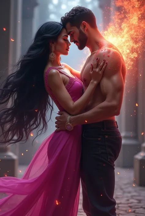 Beautiful witch with long black hair dressed in a pink outfit scorched her handsome and tall lover