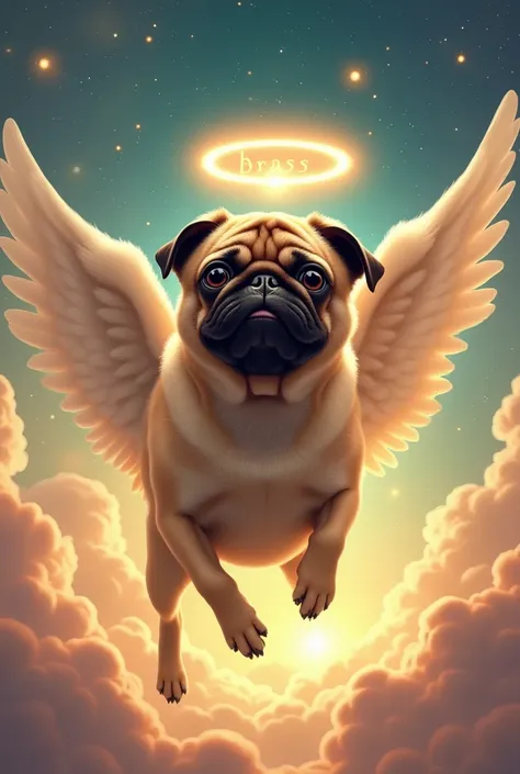 Pug in the sky with angel wings named Brass 