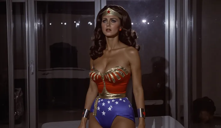 8k, best quality, real picture, photo of young beautiful perfect model Lynda Carter, lost uncensored episode "Wonder Woman vs The Laser"

her full body in the long shot.

with long smooth straight hair parted in the middle and caressing the sides of her nu...