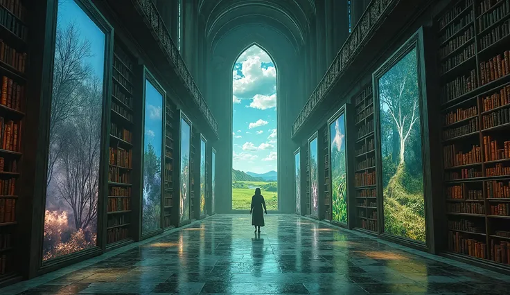 An ancient library where the bookshelves stretch infinitely, yet instead of books, they hold glass windows displaying vivid landscapes, representing different mental states. A figure walks through, touching each ‘window’ as the scene changes—stormy weather...