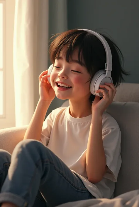 The character is listening to the music and is happy listening to the logo.