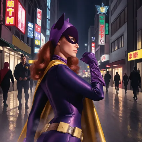 (masterpiece, best quality:1.2), 1girl, solo b4tg1rl woman, AlexRossstyle, full body shot, dressed as Batgirl, dynamic sexy pose, Perfect hand, in metropolis street , back angle, 1970 mood.