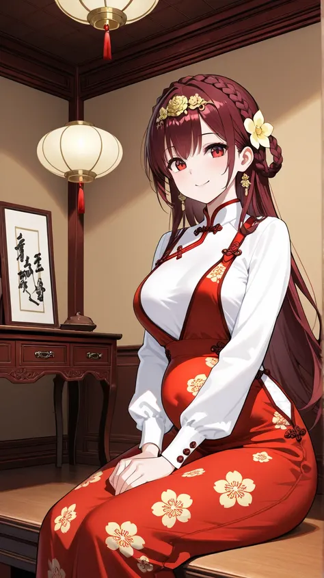 half photo,Chinese-style belly pocket,Elegant Asian woman in traditional attire, looking at viewer ,smile,a red qipao with a pattern of reddish-brown and pale yellow flowers. The dress has a subtle sheen open revealing a white shirt inside. ,adorned with a...