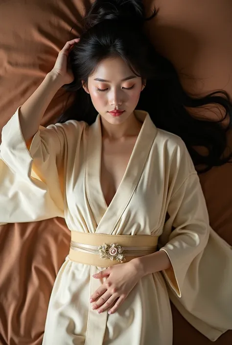 A beautiful Japanese woman lies on her back in an elegant kimono, the kimono is unbuttoned and fully opened, sleeping peacefully with one hand raised to the side of her head and the other holding onto the bed sheets. The background is a plain brown fabric....