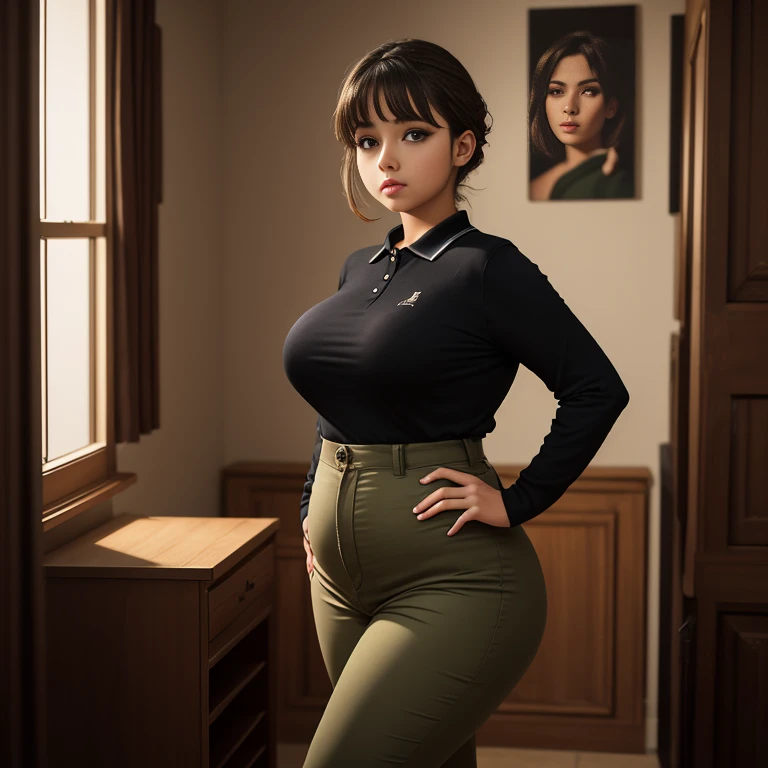 90s vintage film style, A timid short petite cute slightly chubby Mexican nerdy emo, short straight thick brown hair, beautiful detailed brown eyes, cutely detailed lips, cute highly detailed eyes and face, round shape face, voluptuous breasts, thin thighs...