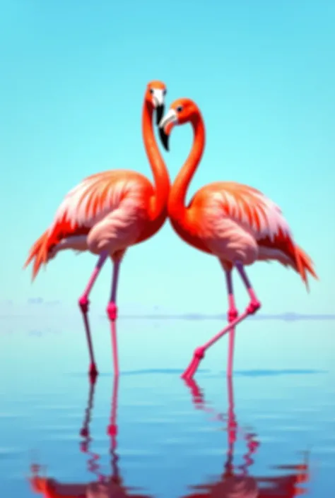 Two big real flamingo's, blue sky, still water, close standing, closeup.
