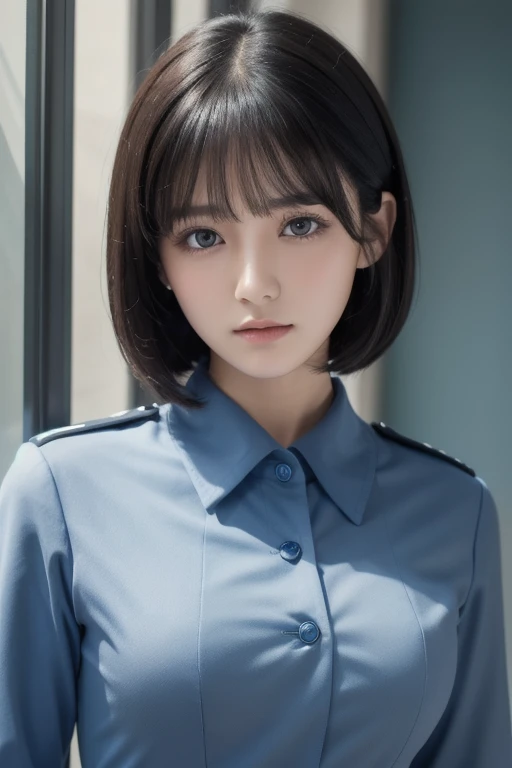 ( Highest Resolution , clear_ images) best quality ,closeup, single person , one woman, Alone, Masterpiece, very detailed, semi-realistic , Short Black Hair , black hair, bangs, 18 years old, mature, light blue uniform, uniform, Indoor Background, kind, Di...