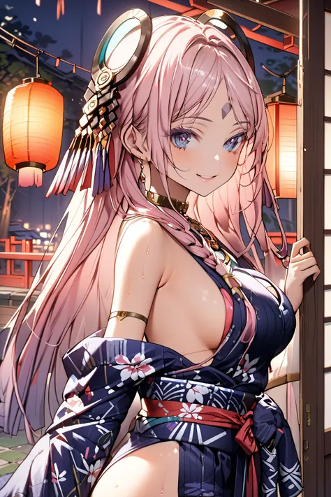  1 woman、 big breasts、Light pink long hair 、 A glamorous and attractive woman 、 smiling in a sexy yukata 。 The yukata is made of silk with a moist texture, and 、 Of depth It is decorated with beautiful Japanese patterns in a certain dark blue or gorgeous r...