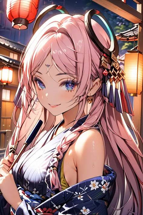  1 woman、 big breasts、Light pink long hair 、 A glamorous and attractive woman 、 smiling in a sexy yukata 。 The yukata is made of silk with a moist texture, and 、 Of depth It is decorated with beautiful Japanese patterns in a certain dark blue or gorgeous r...