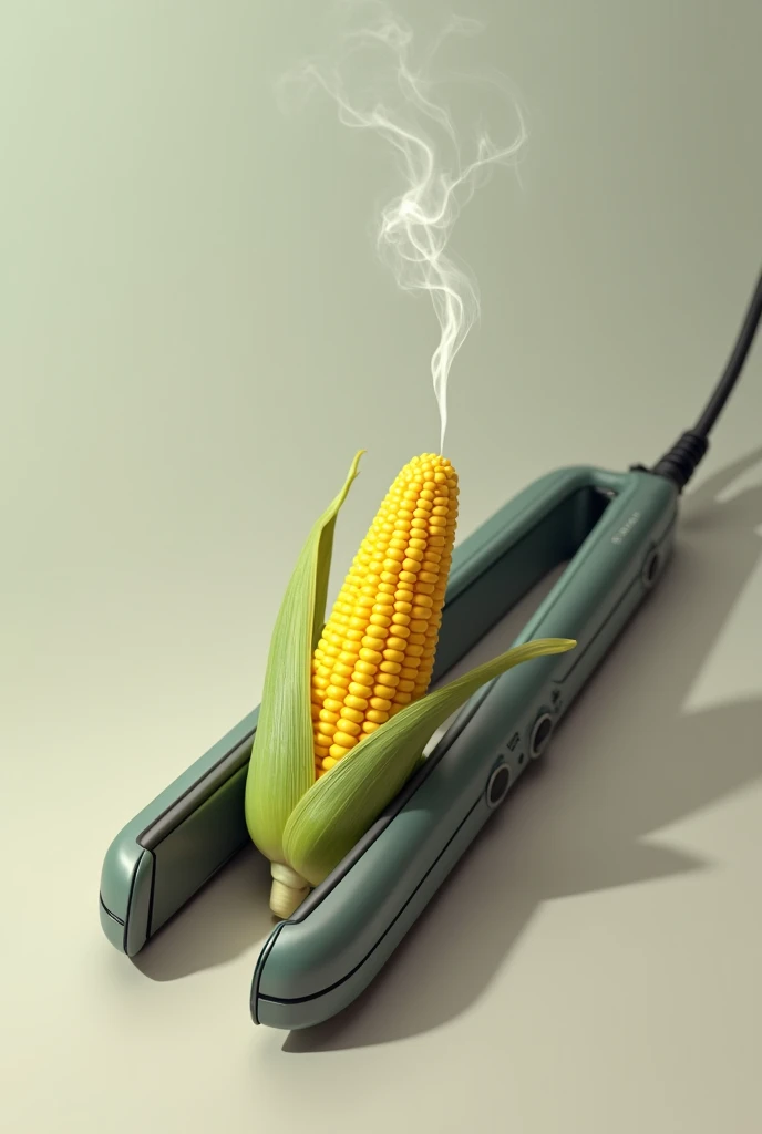 A piece of raw corn in the middle of hair straightener, with A little smoke.