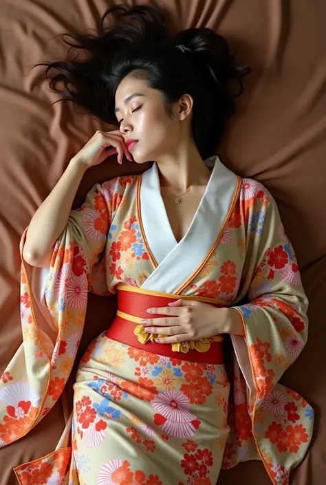 A beautiful Japanese woman lies on her back in an colourful and elegant kimono, the kimono is unbuttoned and fully opened, sleeping peacefully with one hand raised to the side of her head and the other holding onto the bed sheets. The background is a plain...