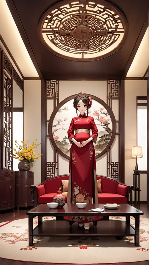 half photo,Chinese-style belly pocket,Elegant Asian woman in traditional attire, looking at viewer ,smile,a red qipao with a pattern of reddish-brown and pale yellow flowers. The dress has a subtle sheen open revealing a white shirt inside. ,adorned with a...