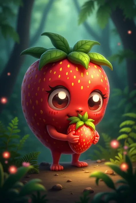 cute strawberry creature design with a round body like a red strawberry and bright eyes full of curiosity. it has a crest of small leaves at its top and stands in a dense forest with bright ferns and small flowers around it. The creature holds a small glow...