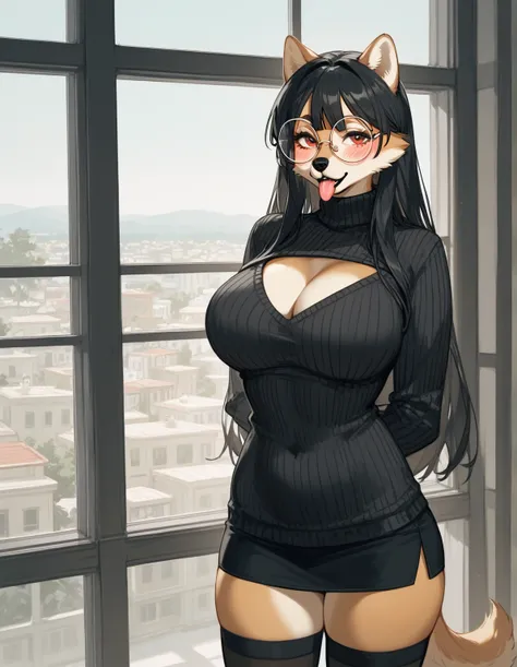 Solo, score_9,score_8_up,score_7_up, source_furry, an Anthro furry shiba inu girl, furry body, female canine, snout, black nose, pointy dog ears, black lips, red eyes, long black navy hair, pink stripes in hair, tall and curvy, wear only black thigh high s...