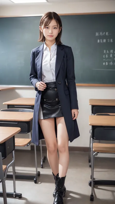   burst bust  ,Chest,    and browsing barefoot,  Top Quality,  Ultra High Resolution,1 person,whole body， big breasted with a cross eye，  short cut curl ， long boots， hanging eye，uniform， miniskirt，classroom， student council president ， depressed ，classroo...