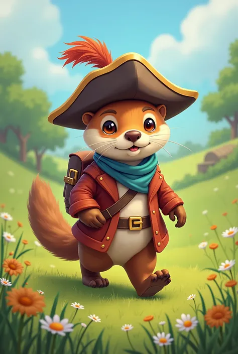  A game art painting of a cute otter wearing a musketeer's hat,  carrying a small backpack over his shoulder , walking on a grass field 