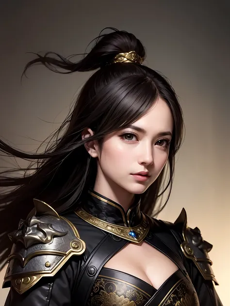 (Masterpiece :1.2, best quality ), beautiful illustrations , (natural side lighting, movie lighting), a woman wearing black armor and a black cloak, 1 person,long hair,Cleavage , Thin Waist High Definition Face and Skin Textures, Staring at the Camera , pe...