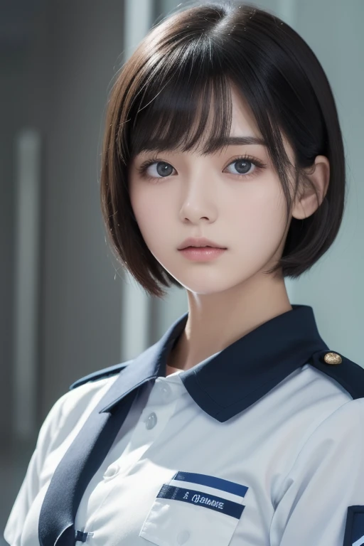 ( Highest Resolution , clear_ images) best quality ,closeup, single person , one woman, Alone, Masterpiece, very detailed, semi-realistic , Short Black Hair , black hair, bangs, 18 years old, mature, light blue uniform, uniform, Indoor Background, kind, Di...