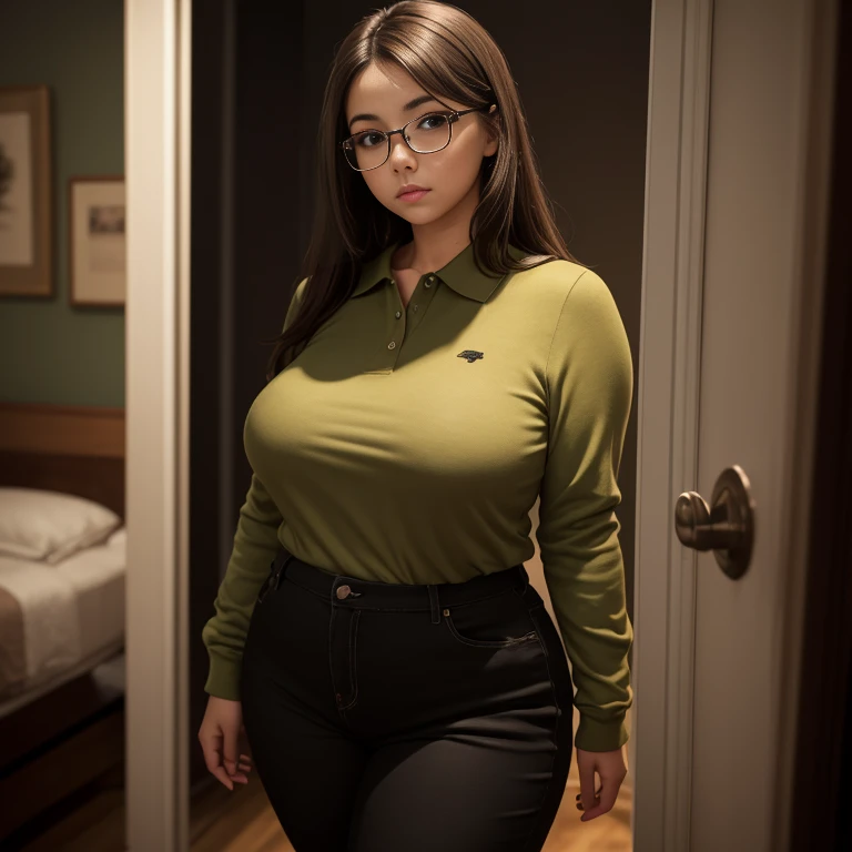 90s vintage film style, A timid short petite cute slightly chubby Mexican nerdy emo, short straight thick brown hair, beautiful detailed brown eyes, cutely detailed lips, cute highly detailed eyes and face, round shape face, voluptuous breasts, thin thighs...