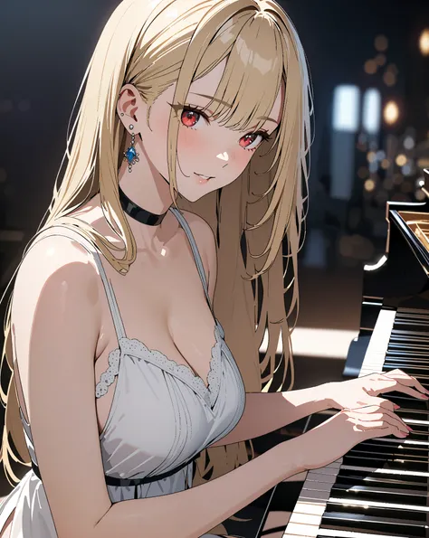 White night dress,  plays the piano,  girl, Kitagawa Marin,  1girl , blonde hair, long hair, multicolored hair, red eyes, jewelry, earrings, piercing, black choker, masterpiece:1.5, masterpiece, highest quality, UHD, retina, masterpiece, accurate anatomy, ...