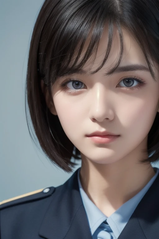 ( Highest Resolution , clear_ images) best quality ,closeup, single person , one woman, Alone, Masterpiece, very detailed, semi-realistic , Short Black Hair , black hair, bangs, 18 years old, mature, light blue uniform, uniform, Indoor Background, kind, Di...