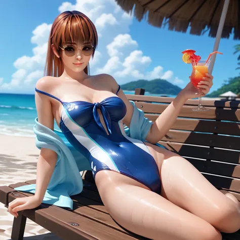 kasumi, Full Body, (off-the-shoulder tubeless, high-leg, chest and abdomen cut-out swimsuit, swimsuit color is drawn randomly), resort beach, bench, beach umbrella, sexy, sunglasses, blue Hawaii cocktail, cocktail glass, score 9, score 8_up, score 7_up, zP...