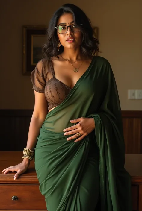 Front view,Full body image, indian hourglass body, Indian medium plus sized 29 year old Telugu cuvy lovely face, suductive expression on face and lips, mouth slightly open, suductive look, leaned towards the table, both hands touching on the table, saree,n...