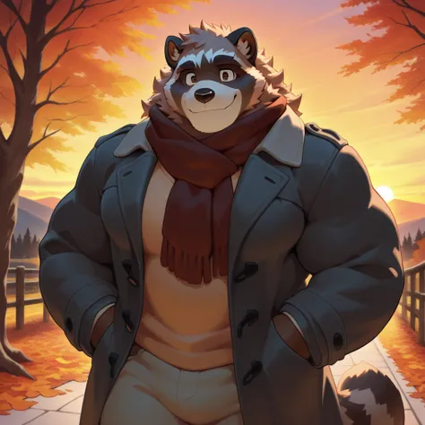 masterpiece, best quality, amazing quality, null-ghost,  bara, pants, big pecs, male big raccoon ,solo, smiling, curly fluffy mane, long curly hair, scarf around his neck, autumn clothes, sunset, wearing a coat, hands on pockets, perfect brown eyes 