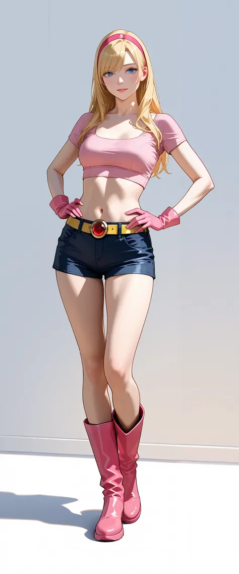 Adult woman, long hair, blonde, layered bangs, pink hairband, blue eyes, tall and fit body, medium chest, pink crop top, leather, tight, scoop neckline, short sleeves, pink gloves, navel, dark blue shorts, leather, low rise, yellow belt, red jewel round sh...