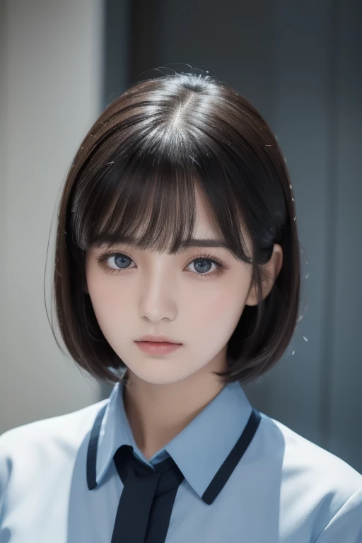 ( Highest Resolution , clear_ images) best quality ,closeup, single person , one woman, Alone, Masterpiece, very detailed, semi-realistic , Short Black Hair , black hair, bangs, 18 years old, mature, light blue uniform, uniform, Indoor Background, kind, Di...