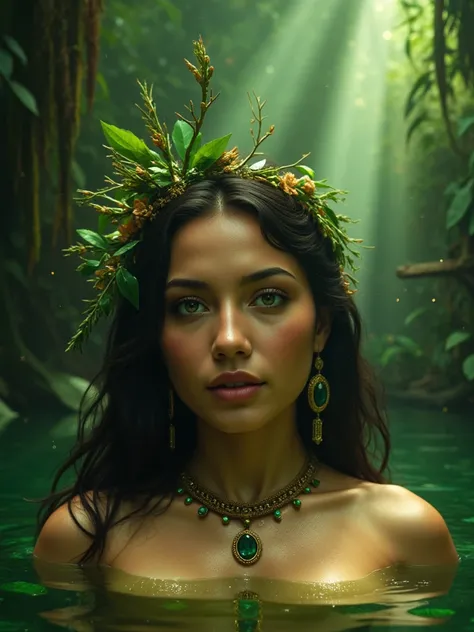 Portrait of a mystical queen of the jungle, an ethereal and fascinating figure who is floating face up in the waters of the Amazon. Her long, wavy black hair floats gently on the surface, tangling with exotic leaves and flowers that adorn her silhouette. H...