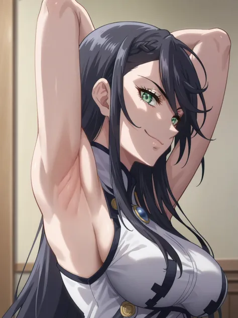 score_9, score_8_up, score_7_up, source_anime, anime screencap, 1girl, solo, bruhilde, long hair, black hair, green eyes, white dress, collar, white collar, sleeveless, bare shoulders, bare arms, arm behind head, armpit, head towards viewer, looking at vie...