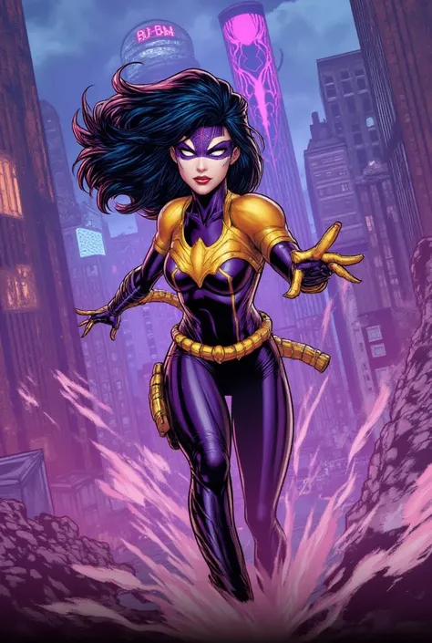 Girl in a costume like Spider-Woman with black, purple, yellow and white colors