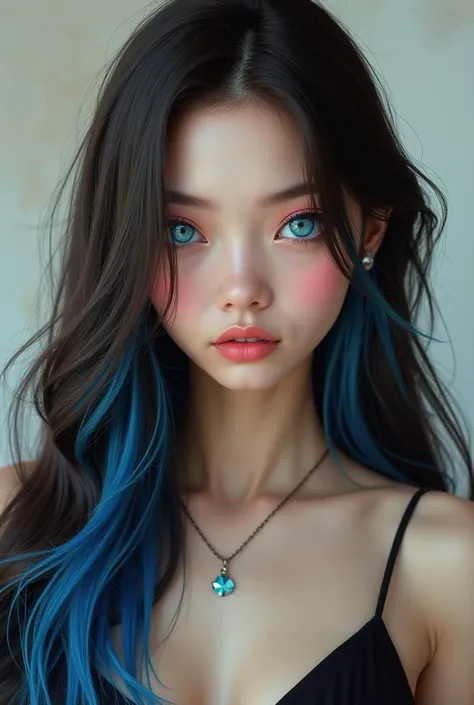 Make a brunette girl,  with black hair and blue highlights and pink eyes (a mix between Ekko and Jinx)