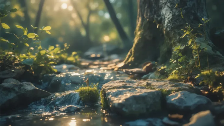   Stone ，Forest，stream，COVERED WITH MOSS AND HUMUS ON STONES ，,  signs of decay ,月光在 Stone 上，Small flowers , In the dark， at night，,in conclusion,photography