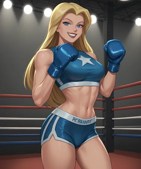 safe_pos, PonyXLV6_Scores BREAK ((retro artstyle, parody)), perfect anatomy, cowboy shot) 1girl, blonde hair, long hair, blue eyes, flirting, raised eyebrow, ((looking at viewer)), superhero, midriff, navel, navy blue boxing gloves,  navy blue boxing short...