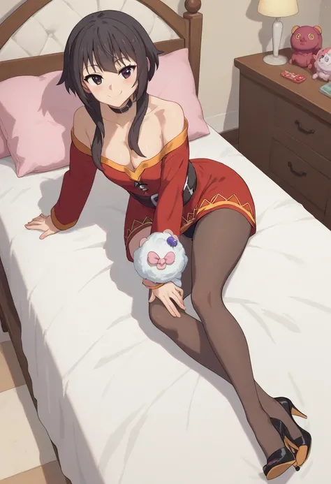 source_anime, score_9, score_8_up, score_7_up, anime screencap, absurd res, official style, megumin , 1girl, solo, black hair, black eyes, closed mouth, a seductive smile, mouth closed, smile, apartment room, bed, medium breast, bare shoulders, cleavage, s...