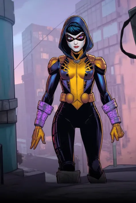 Girl in a costume like Spider-Woman with black, purple, yellow and white colors with full mask and hood 