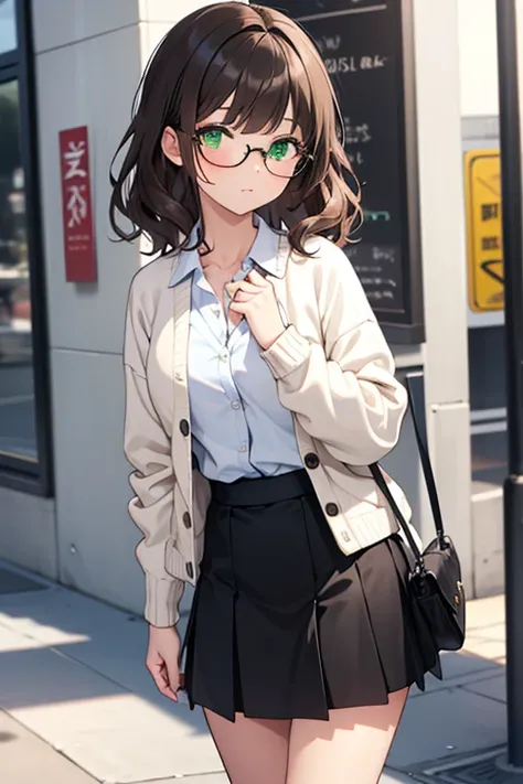 Young girl, light-brown hair, short and wavy hair, straight bangs, green eyes, black glasses, white cardigan, black skirt, black thights.