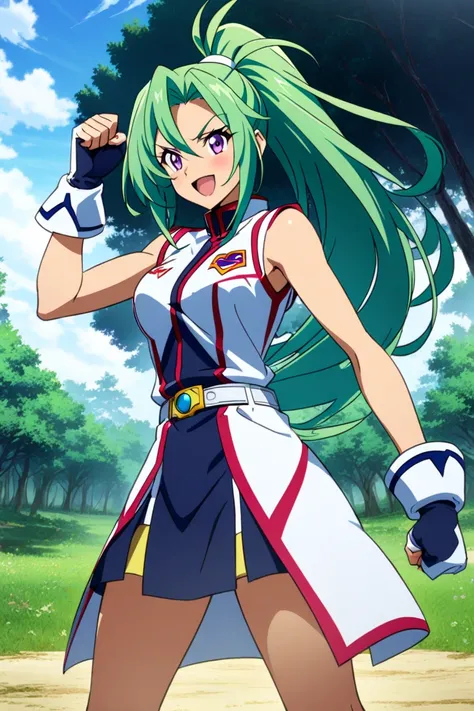  1girl,solo,strong willed , green hair,  you're clenching your right fist  ,  your hair bounces off  ,  sleeveless,  long hair,breasts,handless gloves  ,smile,Winning Spirit, sleeveless,  Shut up your expression,  Pretty Cure,Gundam,Yu-Gi-Oh!!,Crimson Song...