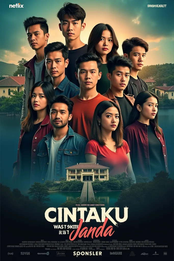 amazing film poster, 8 men and women, wearing clothes, t-shirts and jackets, has the words "CINTAKU WAS STOPPED BY A JANDA" in large unique font, has the name of the sponsor NETLIX, and cool writing below, house and bridge background, HD quality film poste...