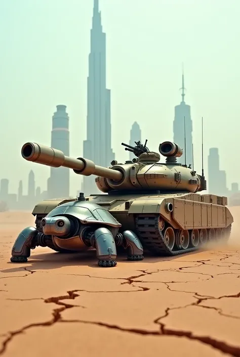 "A modern and powerful tank alongside a robotic turtle, both present in a desert battlefield. In the background, tall skyscrapers are faintly visible through the haze. The tank’s powerful cannon and the turtle’s metallic shell create a striking contrast, w...