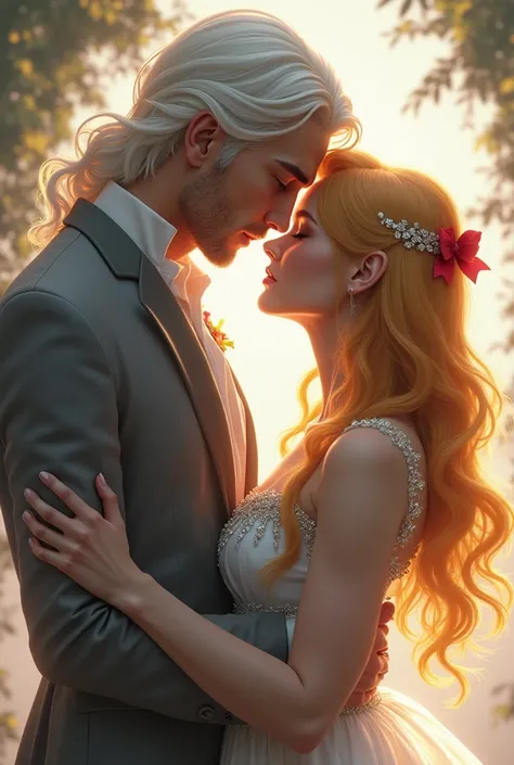 HD, Handsome man with long white hair , European appearance is wearing gray clothes , A handsome man ,  beautiful skin , beautiful body, Sailor Venus with golden hair passion eros kissing lips red bow on the back of her head,short girl, wedding dress with ...