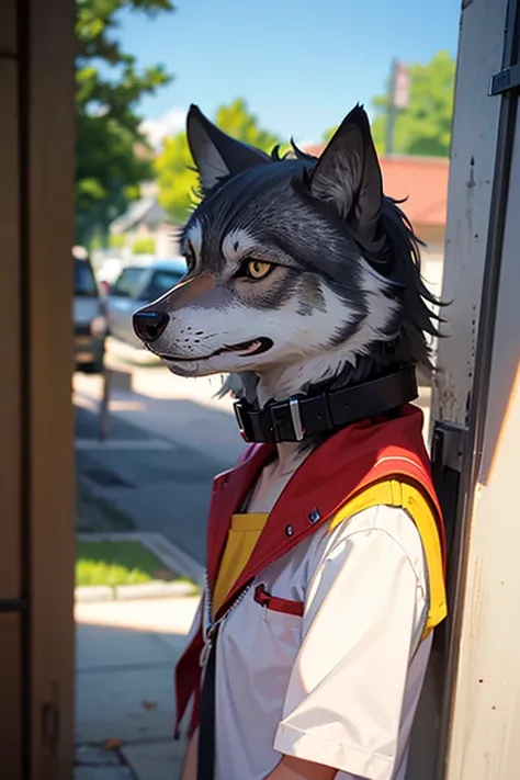 A friendly gray wolf in anime style with a collar with Summer Love written