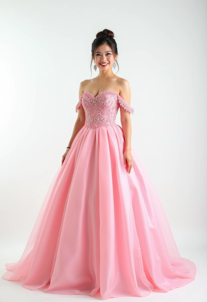 A full body photo of a 37 years old beautiful Thai woman slightly chubby and she's long height wearing a pink off-shoulder ball gown and pink high heels and standing against a white background. The woman has black hair styled in an elegant updo and is wear...