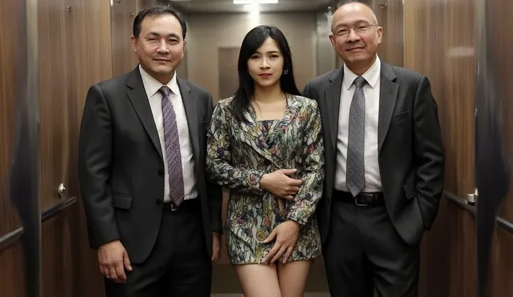 2boys, oldman, Photo of a young asian woman (sandwiched between old guys), 1girl wearing crop business suit, thigh skirt , threesome, in a crowded elevator, detailed character design (masterpiece, photorealistic:1.2), high quality, intricate details, highl...