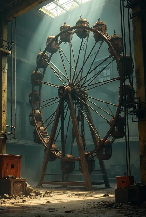 Create an abandoned factory with a giant wheel hanging from the ceiling and that on that wheel there are things from a half-abandoned circus and that everything looks like a story