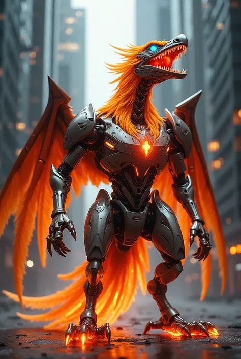 A cinematic hybrid creature combining a fiery phoenix and a futuristic robotic bird, standing menacingly in the middle of the same modern cityscape. The hybrid has metallic feathers glowing with fiery embers, sharp talons forged of steel, and a tail stream...